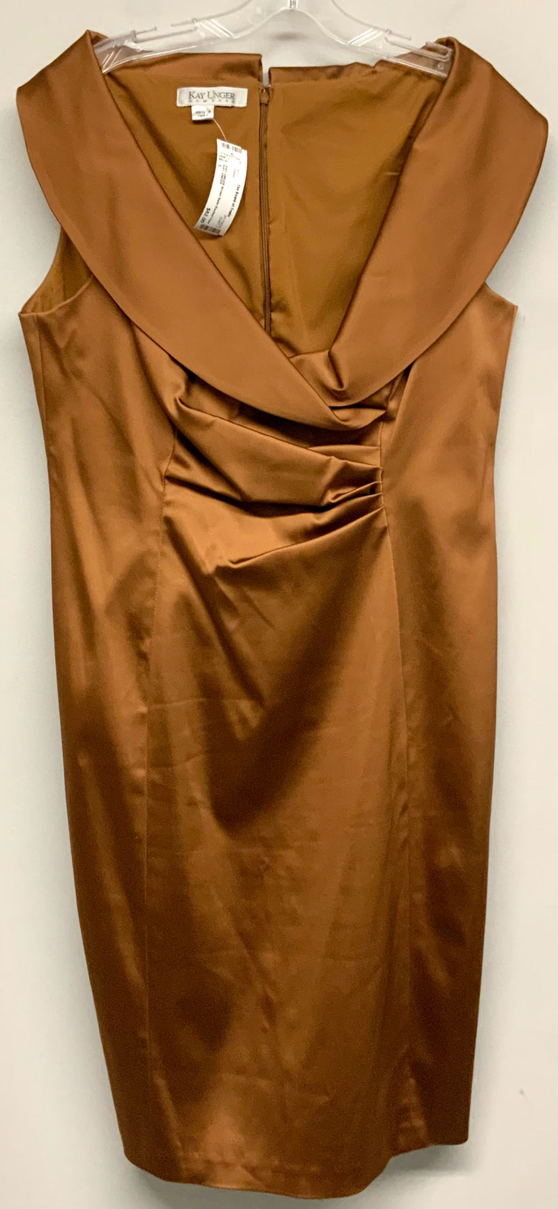 KAY UNGER Brown Satin Ruched Faux Wrap Cocktail Dress