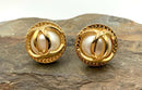 Gold Tone Faux Pearl Double CC Clip Earrings