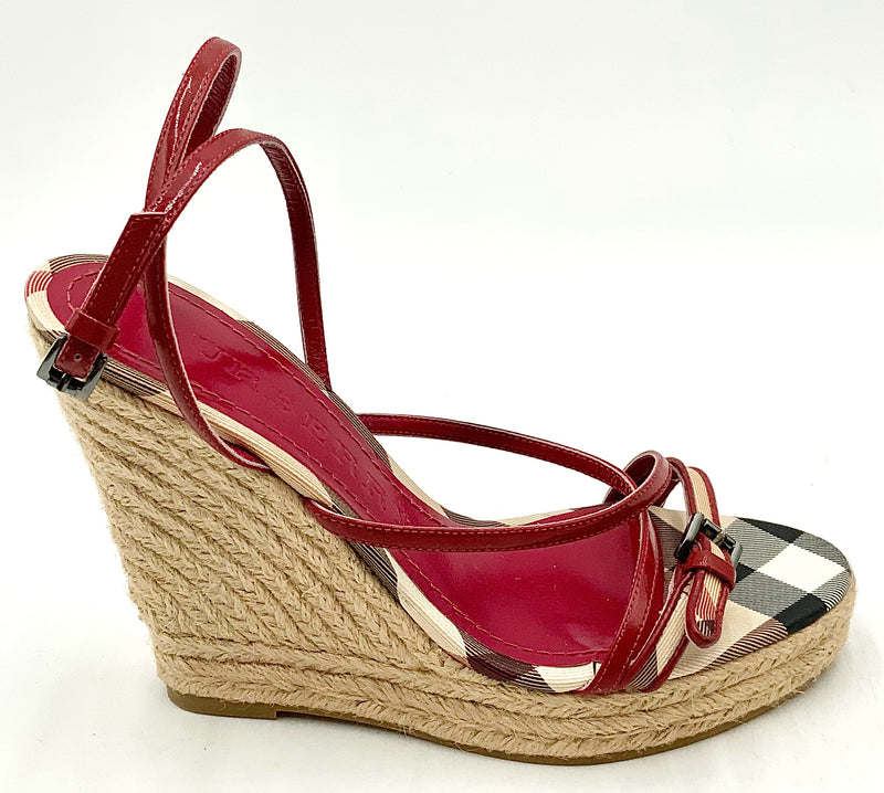 BURBERRY Berry Patent Leather Nova Check Espadrille Wedges 37.5