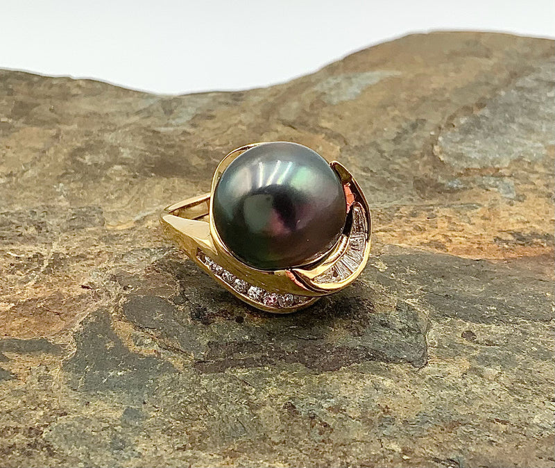 14kt Gold, Diamond & Baroque Tahitian Pearl Ring, Sz 7.25