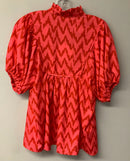 UMGEE Pink/Red Chevron Stripe Ruffle Neck Puff Sleeve Top