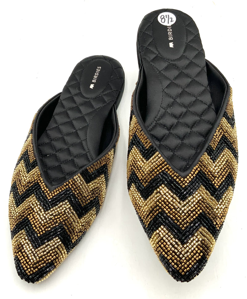 BIRDIES Black Gold Chevron Beaded Mules 8.5