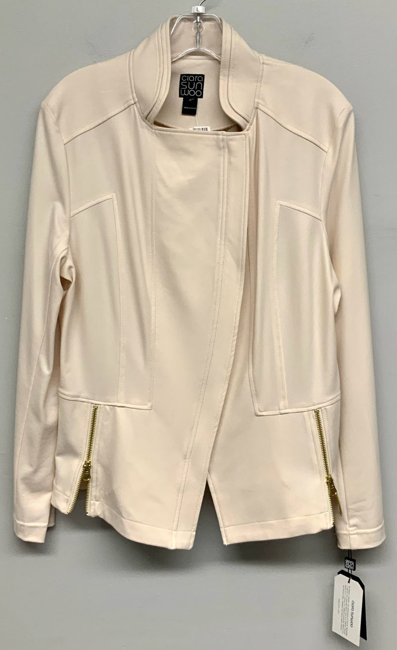 CLARA SUN WOO Liquid Ivory Faux Lea Asym Zip Jacket