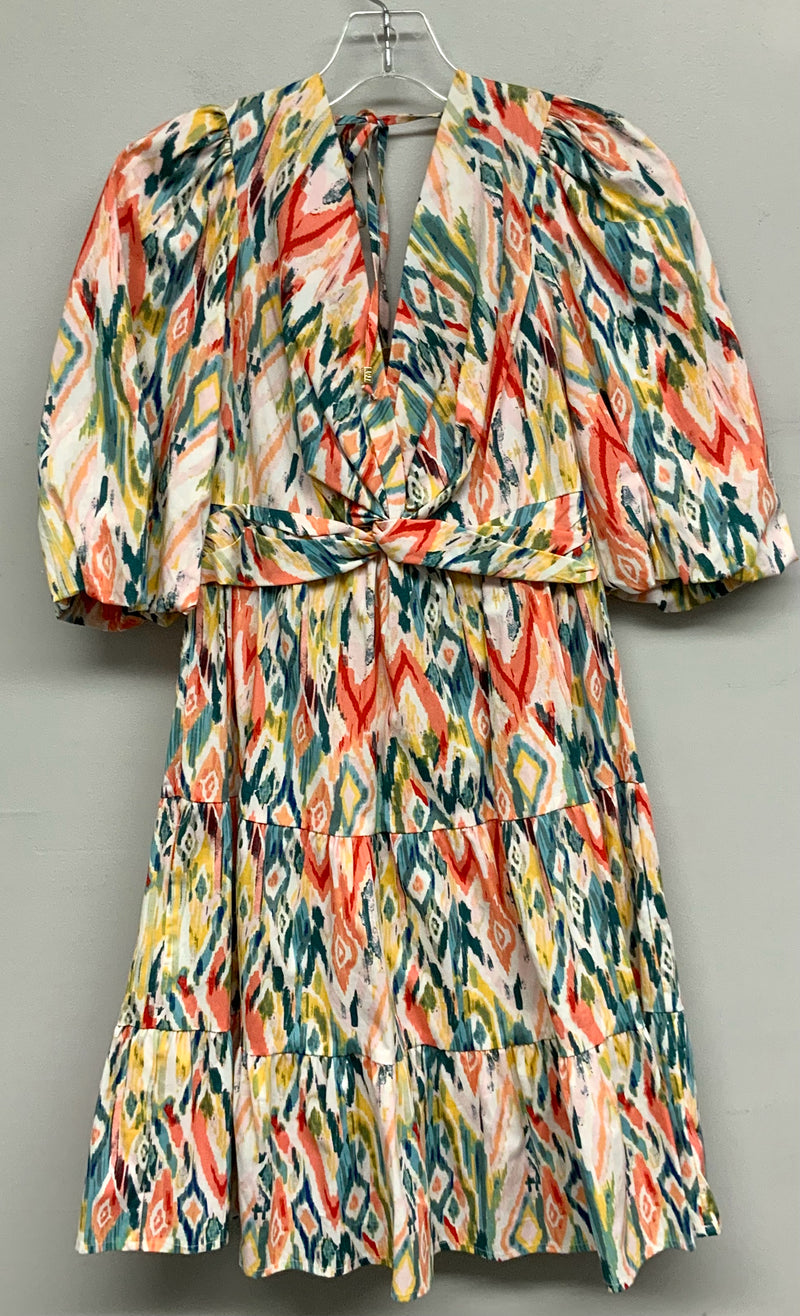 VERONICA M Coral/Teal/White Abstract Print V-Neck Tie Back Dress