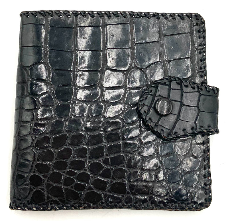 Vintage Black Crocodile Top Stitched Leather Bifold Snap Wallet