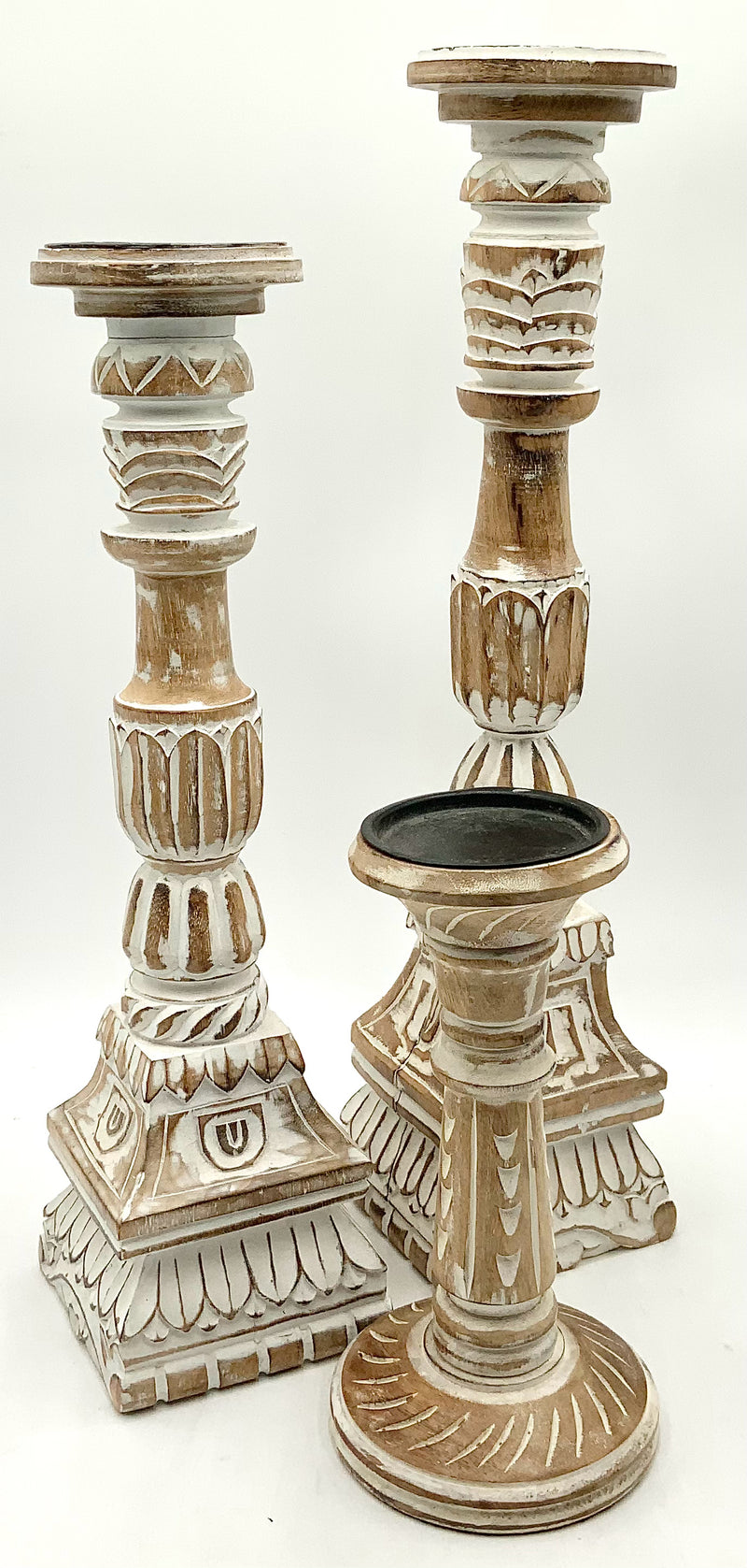 Set/3 Graduated Carved Wood Candlesticks
