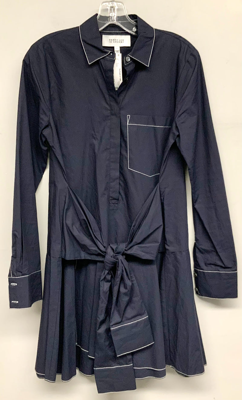 DEREK LAM Navy Cotton White Top Stitch Tie Waist Shirt Dress