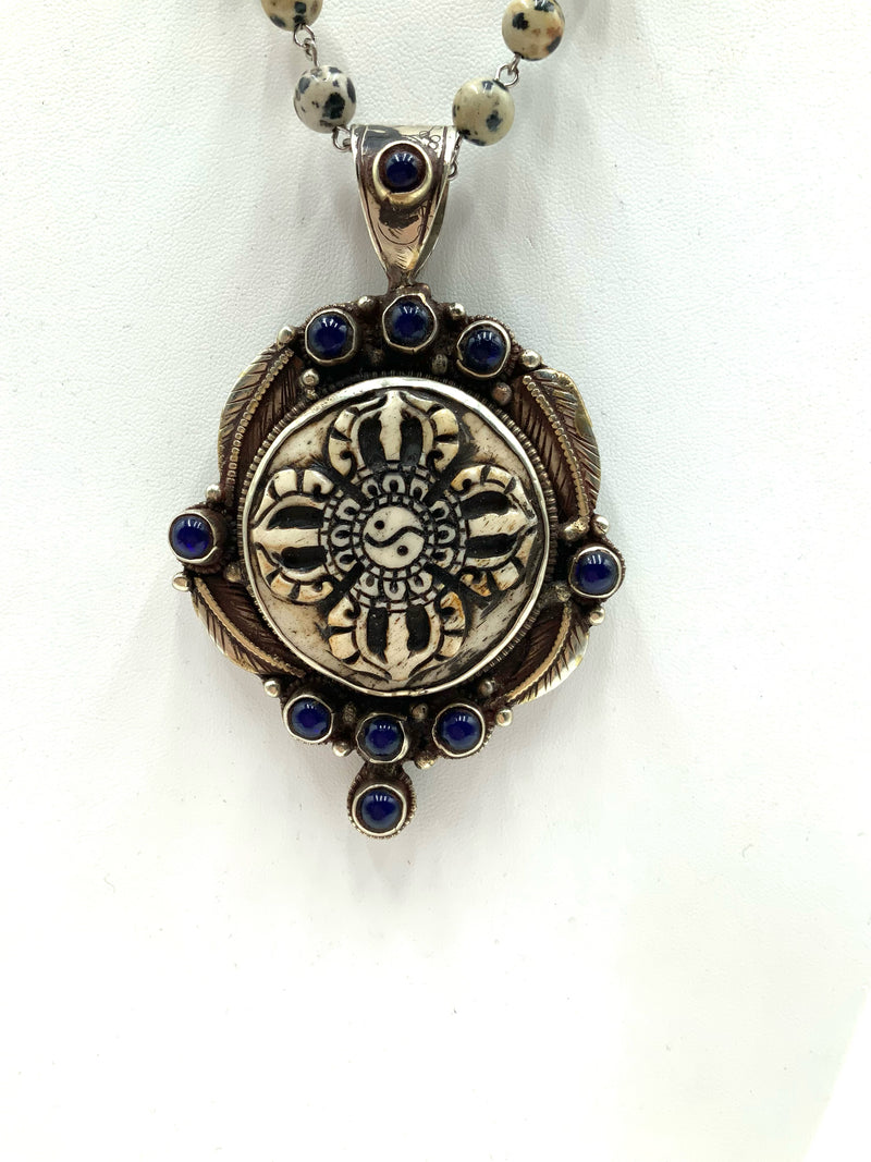 Tibetan Silvertone Metal, Dalmation Jasper & Onyx Necklace