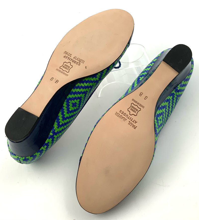 PAUL MAYER Blue Green Geometric Leather Patent Toe Wedges 8