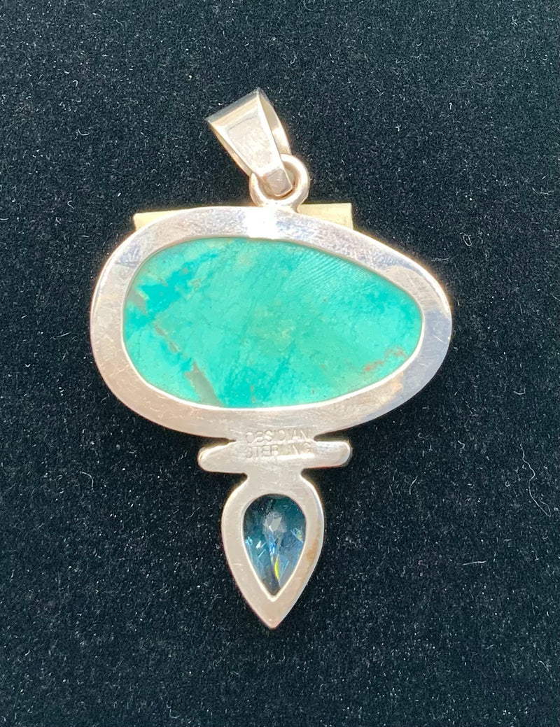 OBSIDIAN Sterling, Turquoise,  Blue Topaz & CZ Pendant