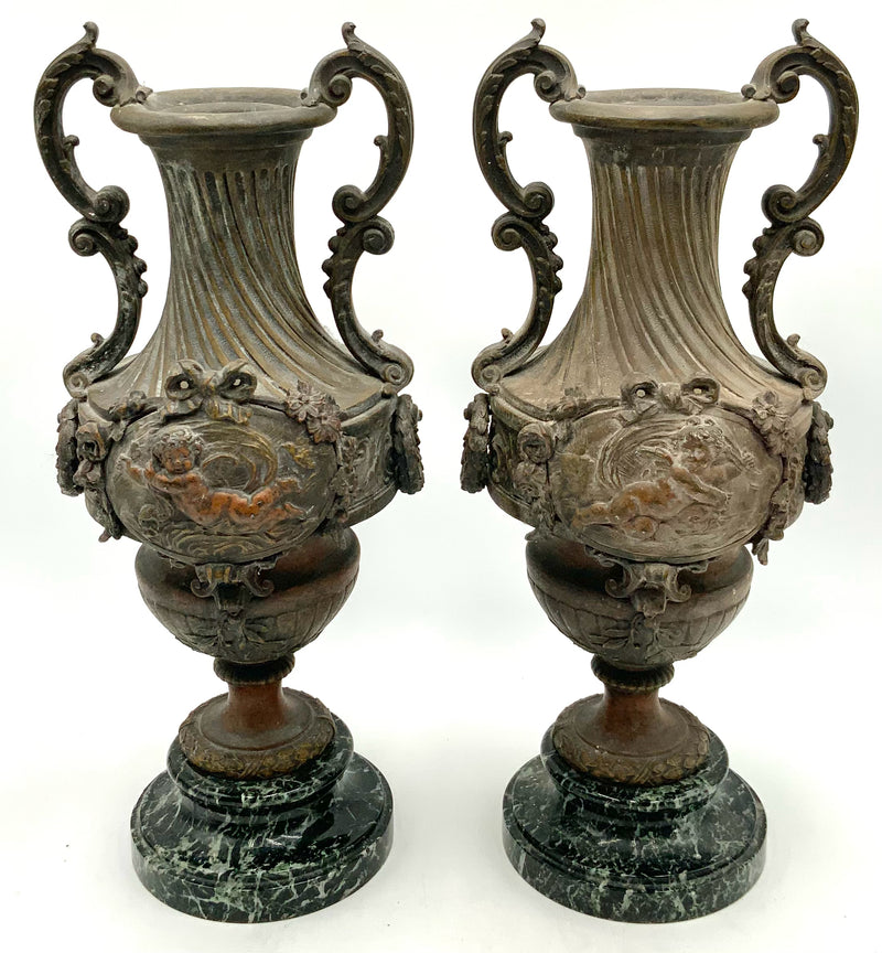 Pair of Antique French Bronze Cherub Garniture Urns with Marble Base