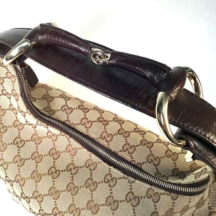 GUCCI Brown Leather Horsebit Handle GG Monogram Hobo Bag