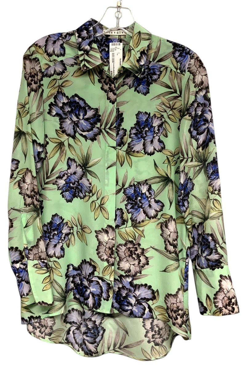 ALICE + OLIVIA Green/Blue/Multi Floral L/S B/D Silk Top