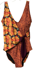 SUNDANCE Orange/Yellow/Burgundy Floral Faux Wrap Bathing Suit