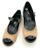 CHANEL Tan Suede Black Patent Cap Toe Maryjane Ballet Flats 38.5
