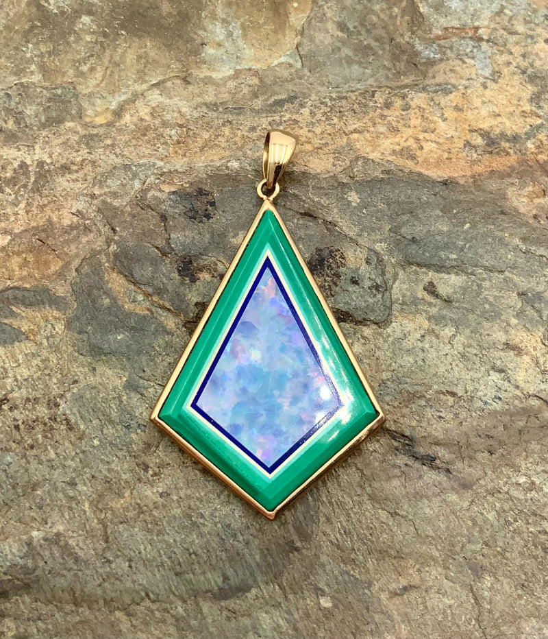 14kt Gold, Opal, Malachite & Lapis Intarsia Inlay Pendant