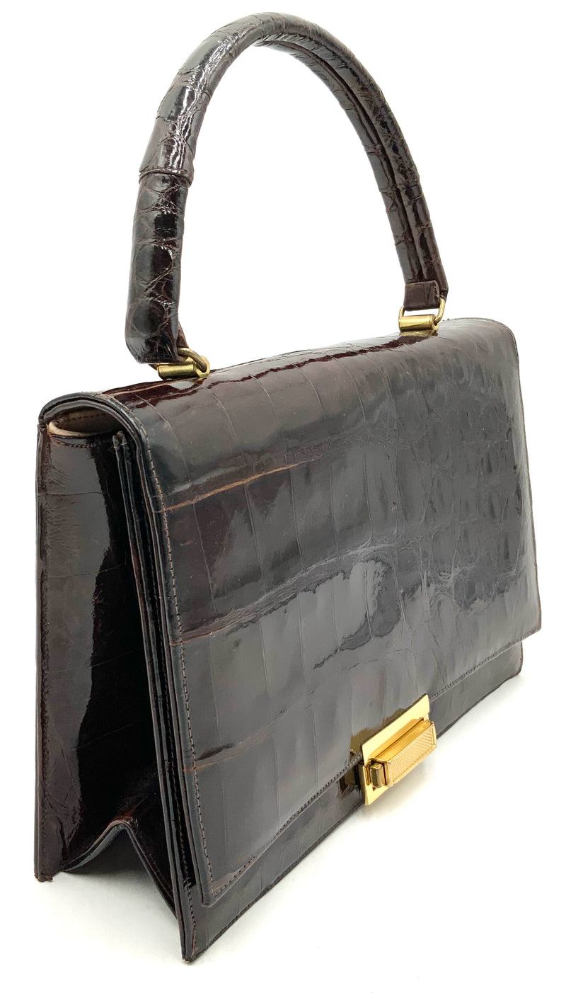 BELLESTONE Vintage Brown Crocodile/Lea Interior w/Mirror & Comb Handbag