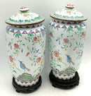 Pair of Enamel Over Metal Lidded Ginger Jars