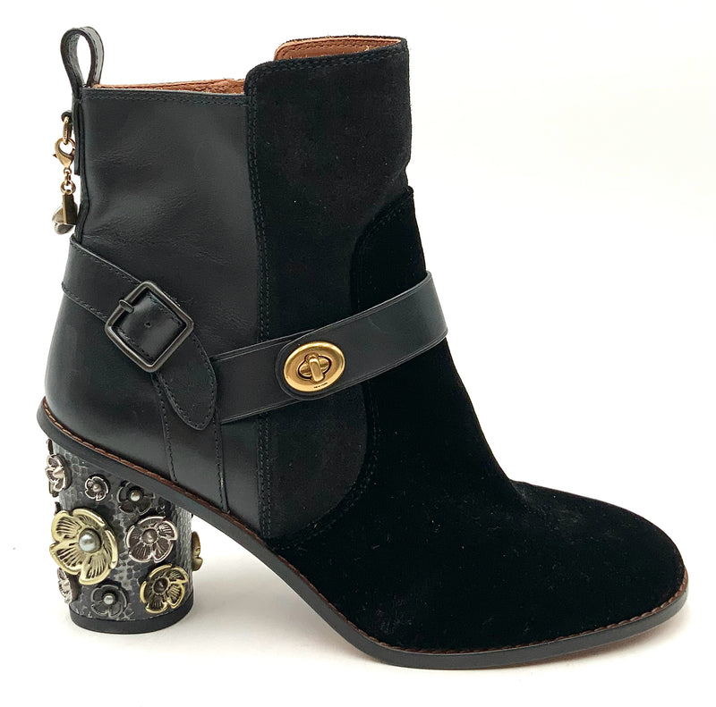 COACH Black Leather/Suede Tea Rose Flower Metal Embellished Heel Bootie 10