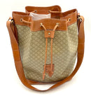 CELINE Vintage Tan Leather Beige Coated Canvas Triomphe Bucket Bag