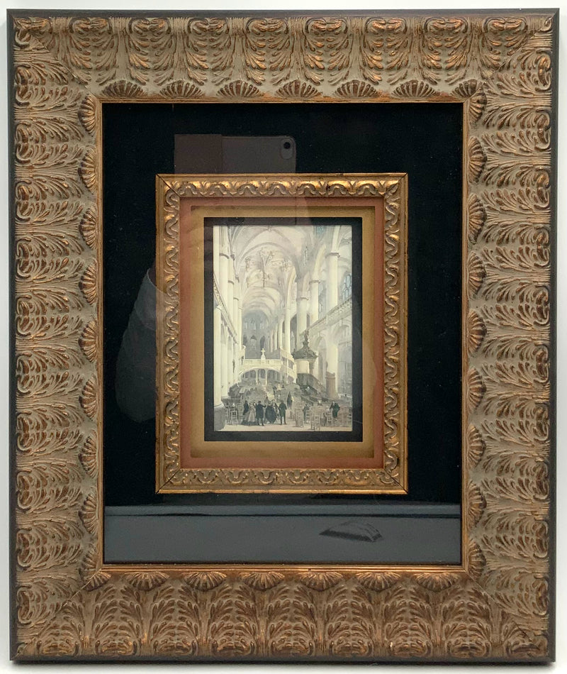 Pair of European Church Scenes in Black & Gold Frames