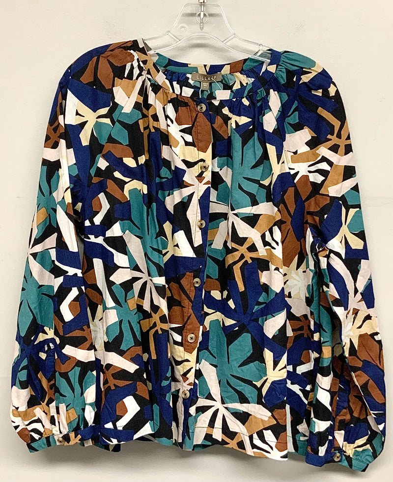 LILLA P Blue/Brown/Teal Floral L/S B/D Top