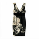ABS Black /Tan/Sand Floral Deep V-Neck & Back S/L Dress