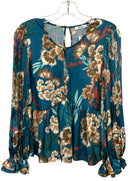 BTFL-LIFE Teal/Brown/Red Floral Key-hole w/ Pleated L/S Top