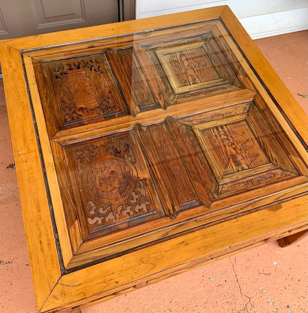 Vintage Light Wood Asian Coffee Table with Glass Insert