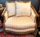 Oversized Carved Wood Armchair with Striped Upholstery