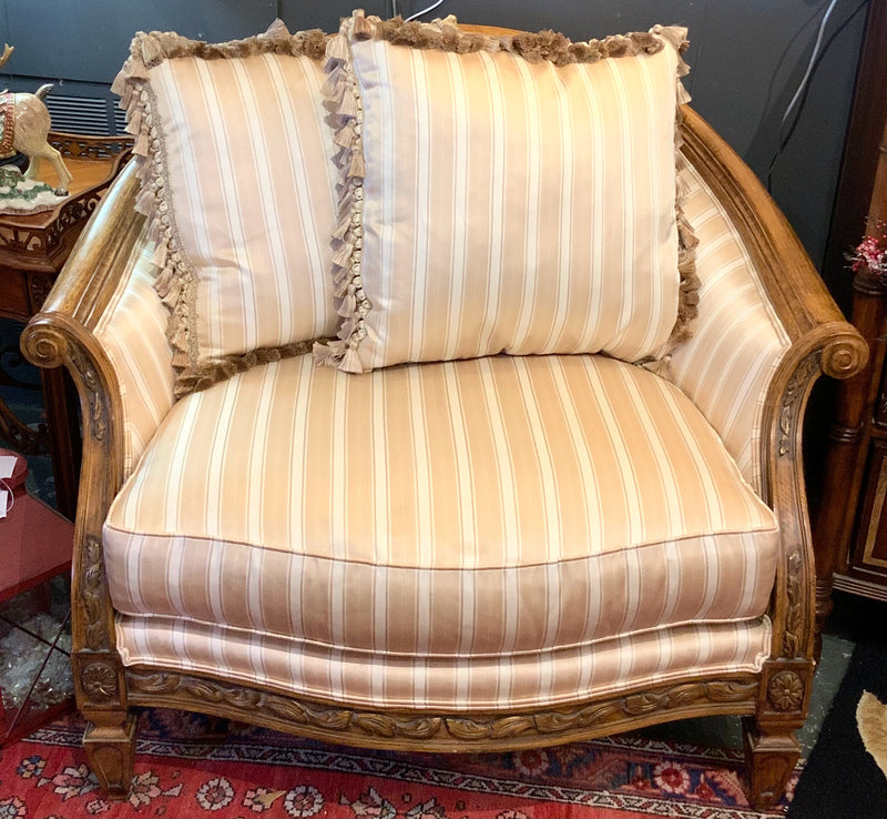Oversized Carved Wood Armchair with Striped Upholstery