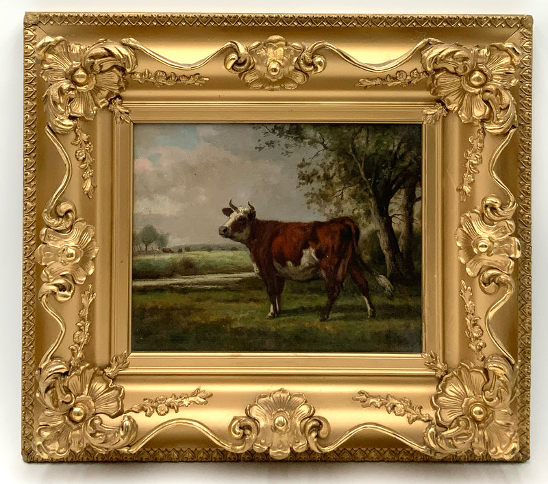 Antique English Oil on Canvas of Bull in Gold Frame