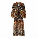 JULIA JORDAN Black/Rust/Gold Drawstring Waist Tiered L/S Maxi Dress