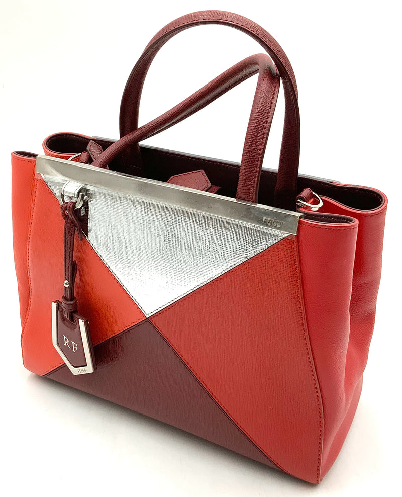 FENDI Red Burgundy Silver Colorblock Lea Sac 2 Jours Petite Tote Bag AS IS