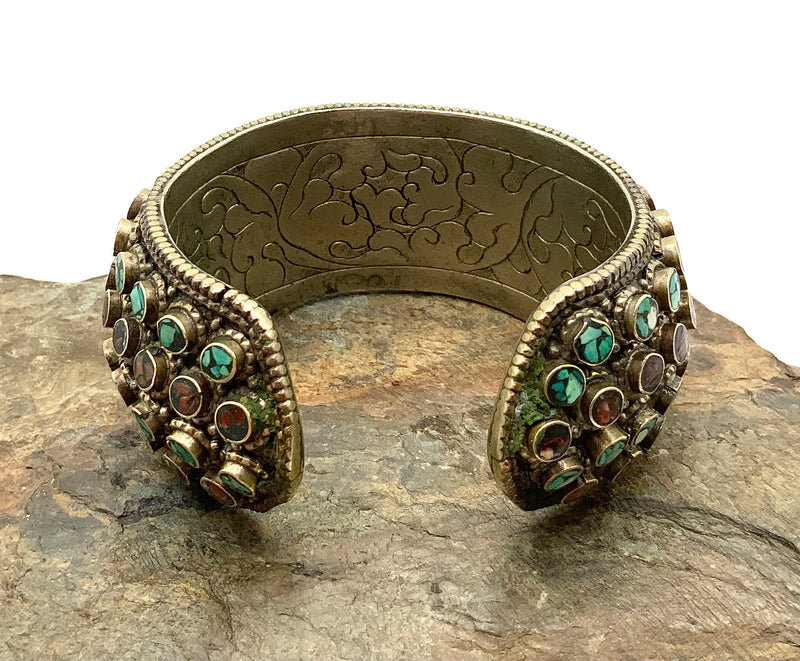 Silvertone Metal & Coral/Turquoise Chip Inlay Cuff