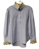 TIZZIE Blue/White Stripe w/Tan Animal Print Ruffle Collar L/S B/D Top