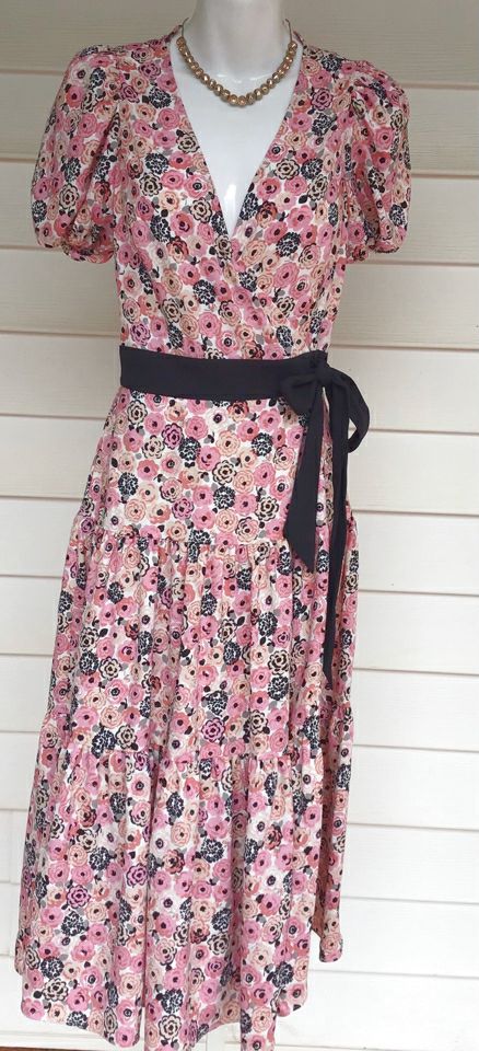 KATE SPADE Pink/Black/Cream Floral Puff Sleeve Wrap Dress