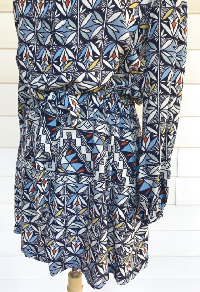 TORY BURCH Blue/White/Rust Geo Print L/S Silk Dress