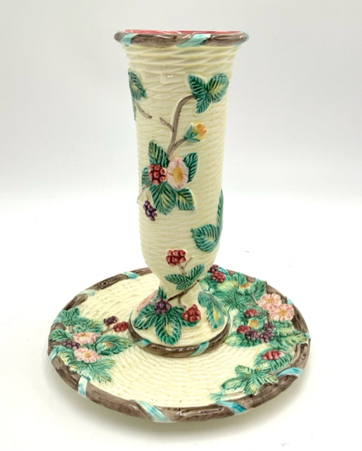 Vintage Japanese Majolica Style Bud Vase & Underplate