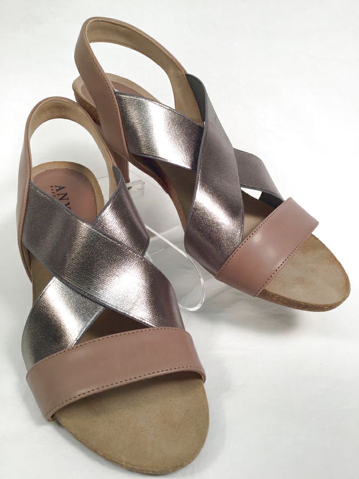 ANYI LU Italy Taupe Leather Silver Elastic Bella Heeled Sandals 8.5