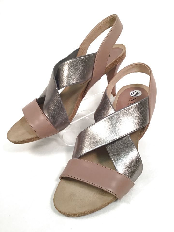 ANYI LU Italy Taupe Leather Silver Elastic Bella Heeled Sandals 8.5