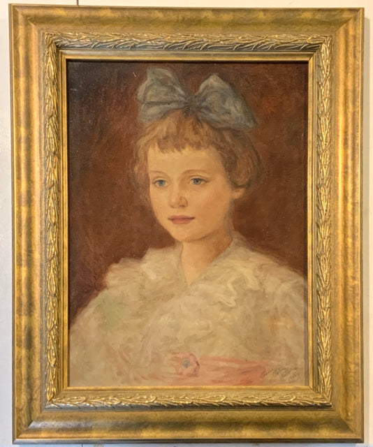 Antique Portrait of Young Girl with Blue Bow
