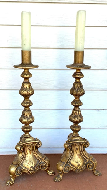 Pair of Antique Cast Iron Candlesticks with Gilt Finish