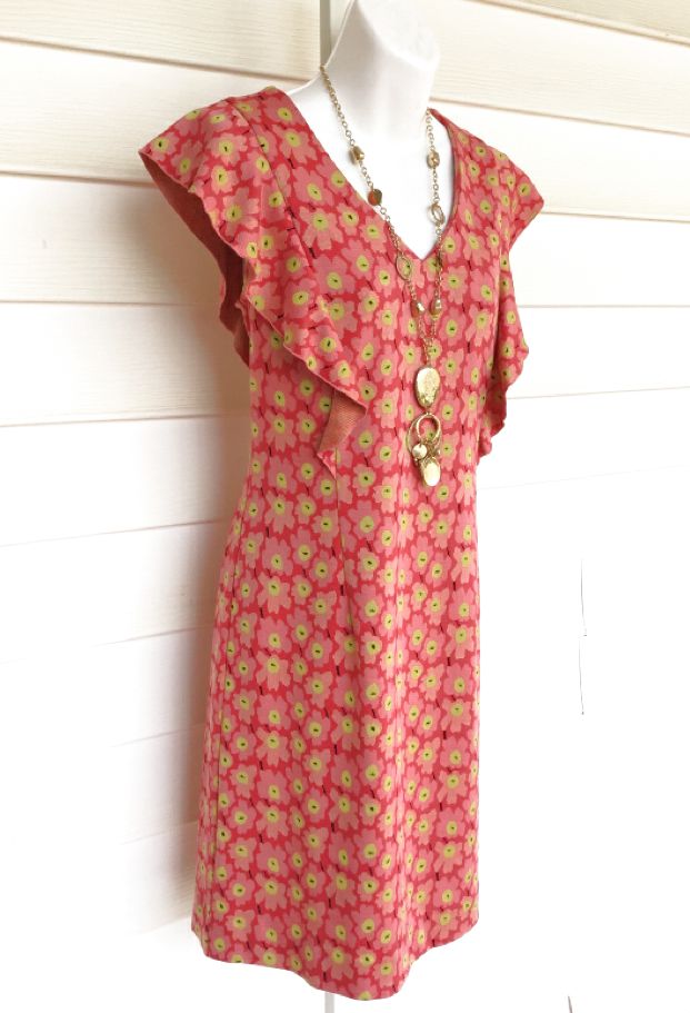 TYLER BOE Coral/Lime Floral Ruffle Front Cap Sleeve Dress