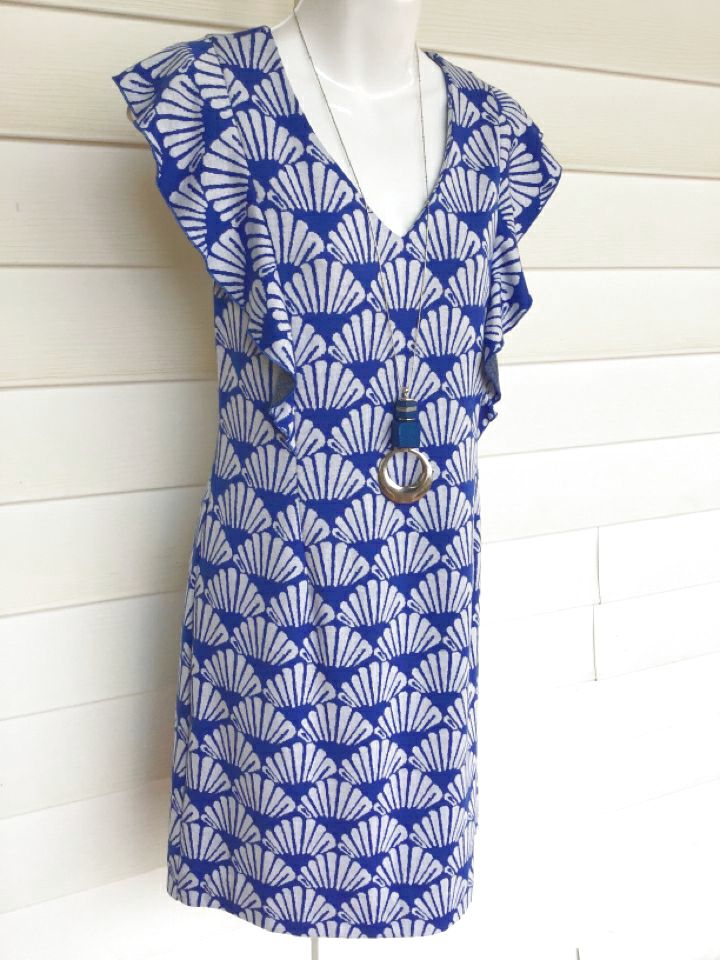 TYLER BOE Royal Blue/White Shell Print Ruffle Front Dress