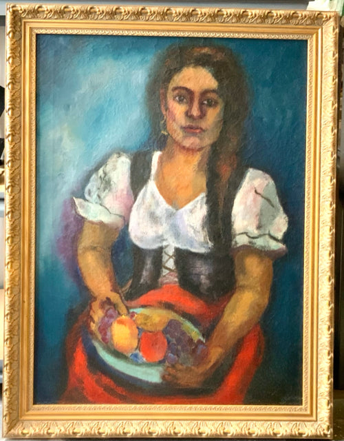 Vintage Acrylic on Canvas of Woman with Fruit