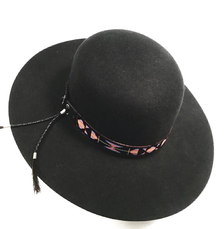 INDIAN JOE Black Felt  SW Beaded Horsehair Band Wide Brim Hat