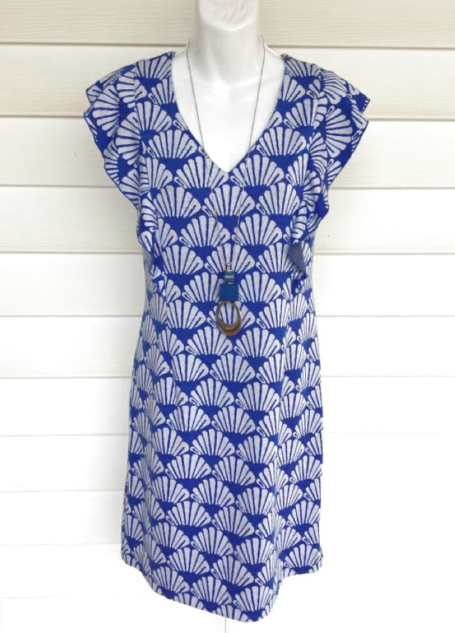 TYLER BOE Royal Blue/White Shell Print Ruffle Front Dress