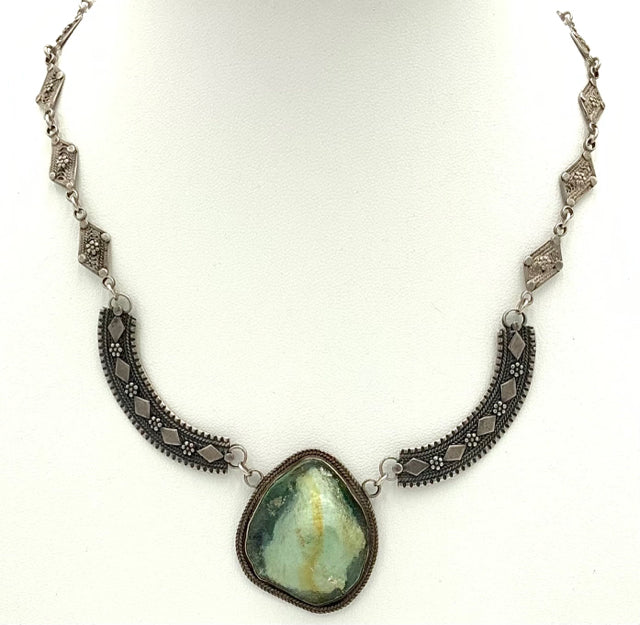 Roman Glass & Sterling Silver Necklace Made in Israel