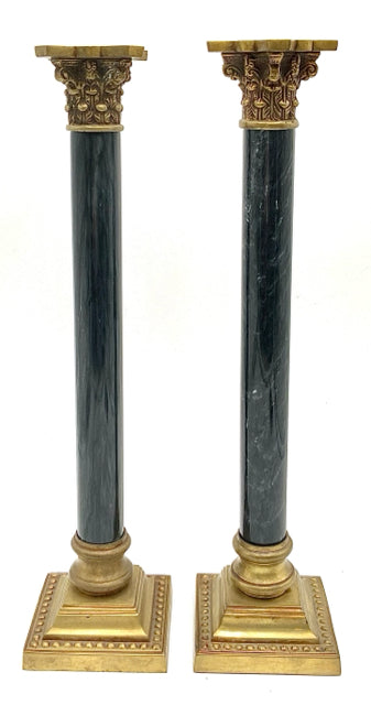 Pair of Corinthian Column Black Marble & Brass Candlesticks